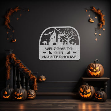 halloween haunted house welcome metal sign – 16 gauge steel