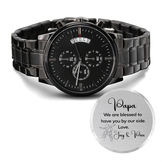 Papa Custom Men's Watch, Engraved Design Black Chronograph Watch - Stylinsoul