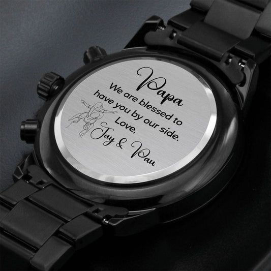 Papa Custom Men's Watch, Engraved Design Black Chronograph Watch - Stylinsoul