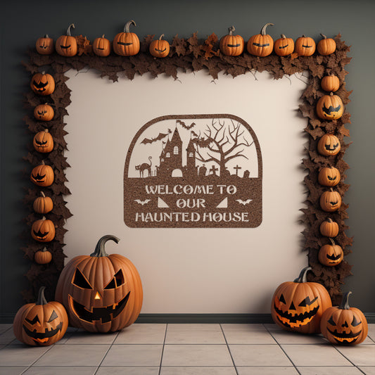 halloween haunted house welcome metal sign – 16 gauge steel