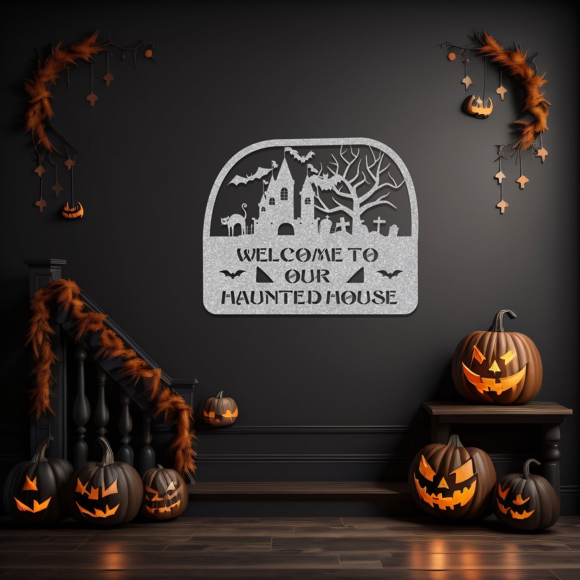 halloween haunted house welcome metal sign – 16 gauge steel