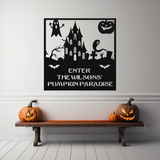 halloween haunted house welcome metal sign – 16 gauge steel